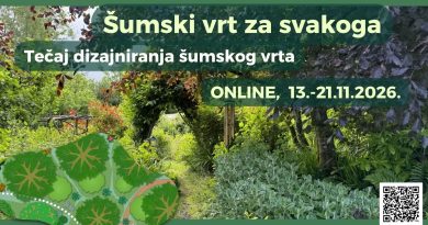 Šumski vrt za svakoga 2026. – online tečaj dizajniranja šumskog vrta primjer šumskog vrta i dizajna, uz natpis "Šumski vrt za svakoga - tečaj dizajniranja šumskog vrta - online, 13.-21.11.2026.